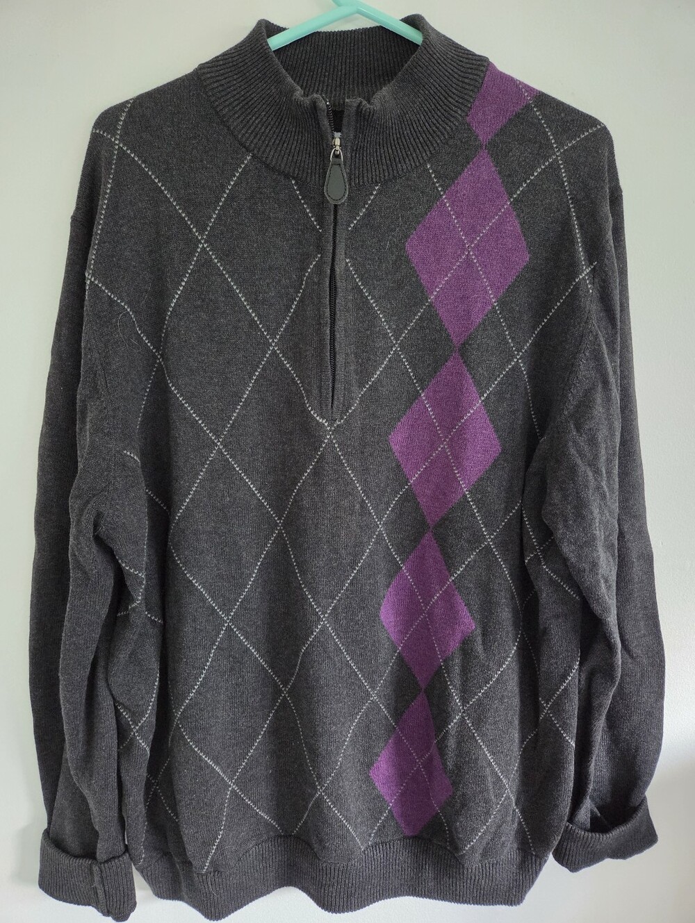 Walter Hagen Men's Large Gray Purple Argyle Quarter Zip Golf Sweater Pullover